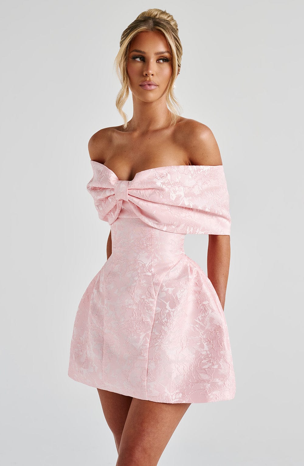 K.Y Women's Dress Bardot Mini Blush Jacquard Cocktail