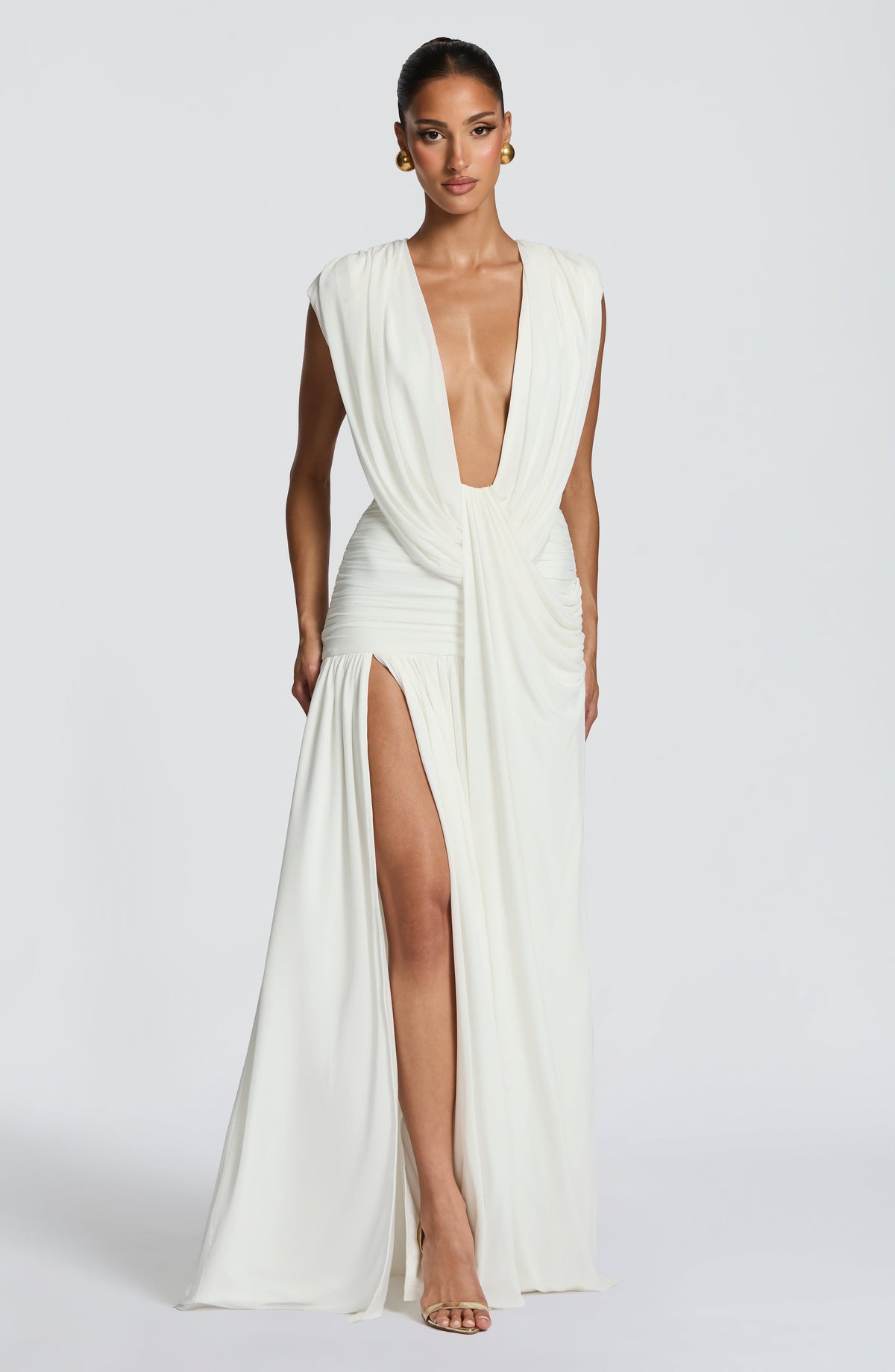 R.F Women's Dress Maxi Cowl Neck Ivory Mesh Bridal Evening