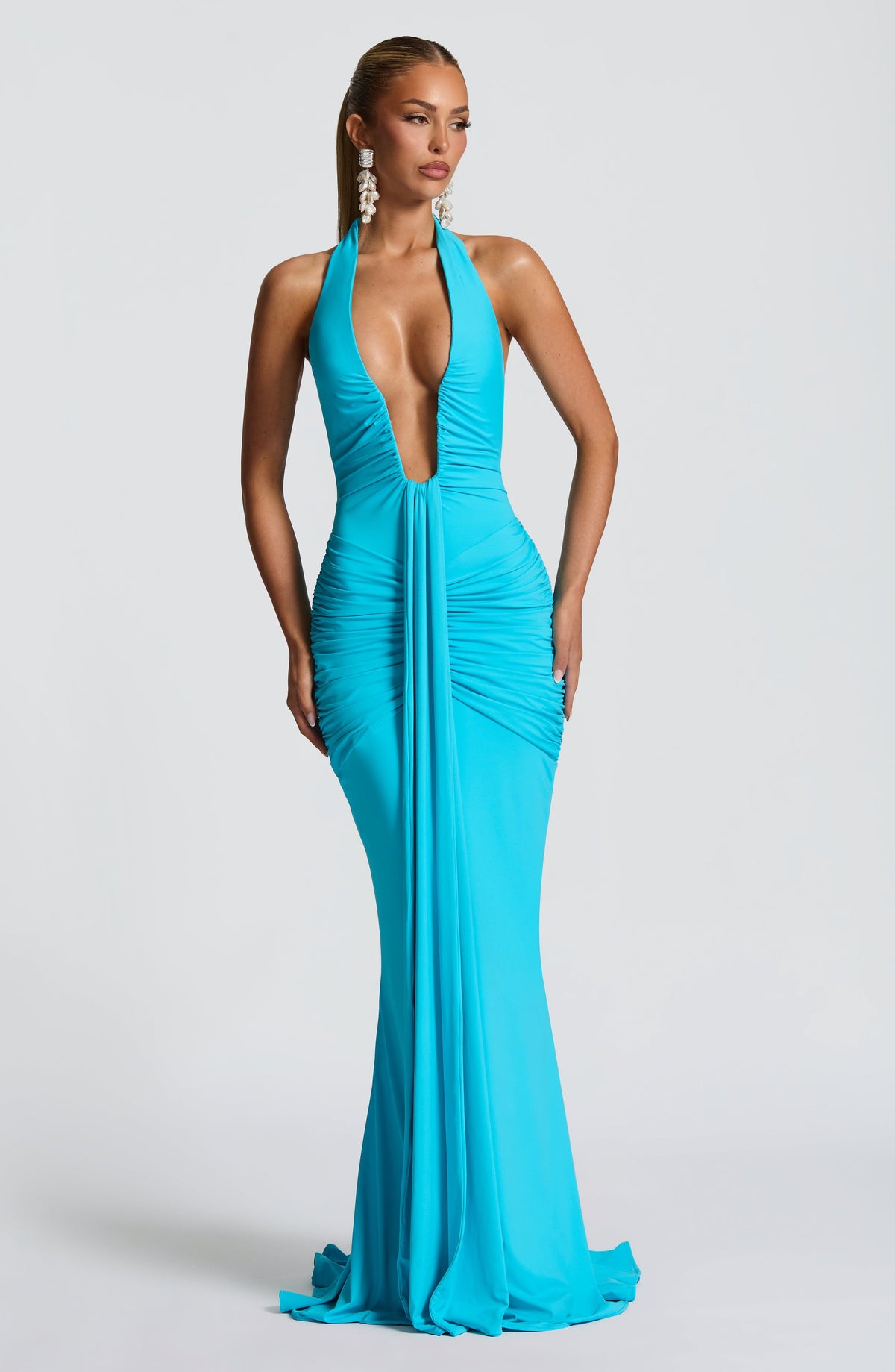 DIA Women's Dress Rosetta Maxi Aqua Ruched Jersey Formal