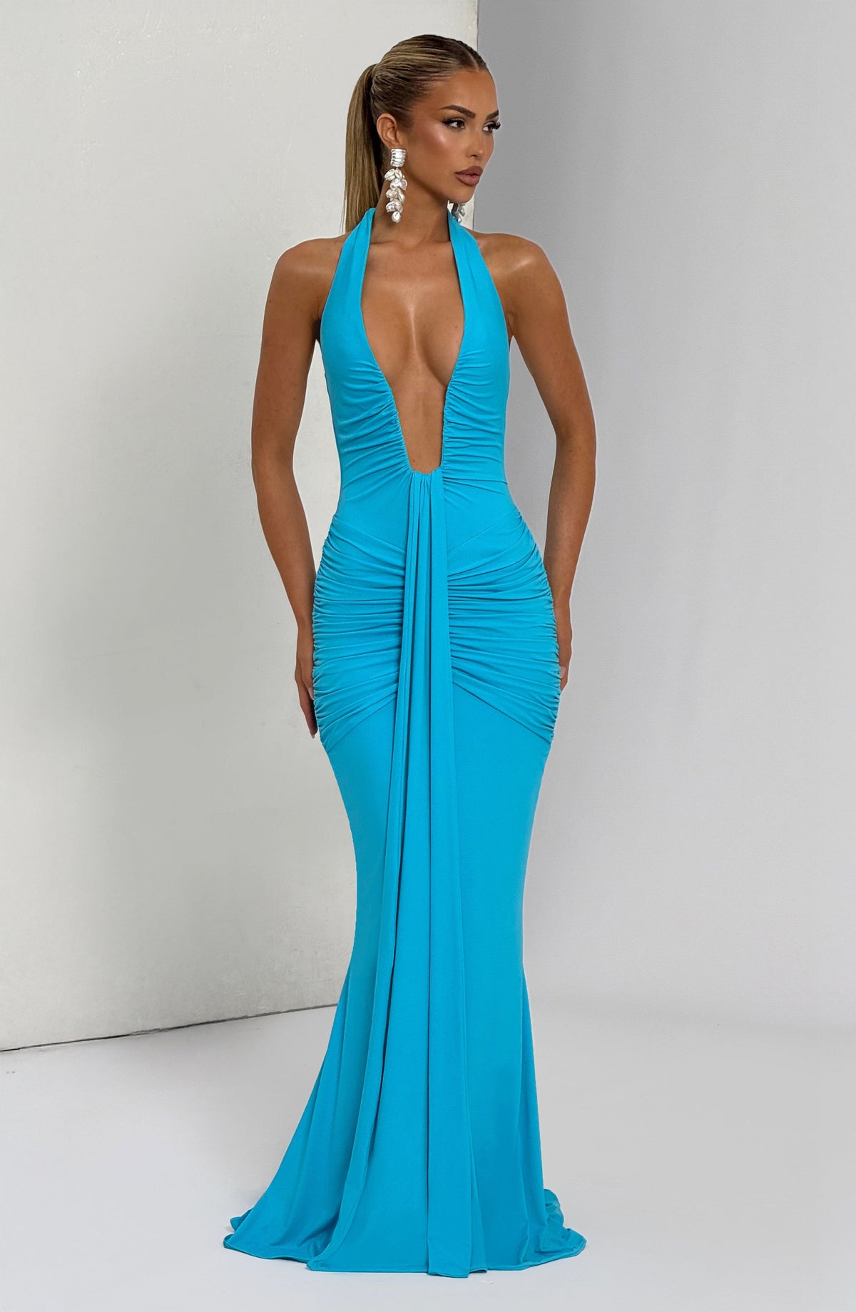 DIA Women's Dress Rosetta Maxi Aqua Ruched Jersey Formal
