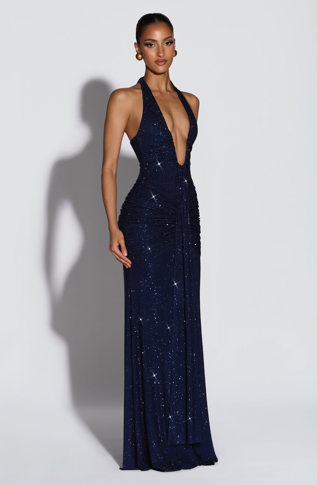 L.F Women's Dress Rosetta Plunge Flare Navy Sparkle Sequin Mesh Formal Evening