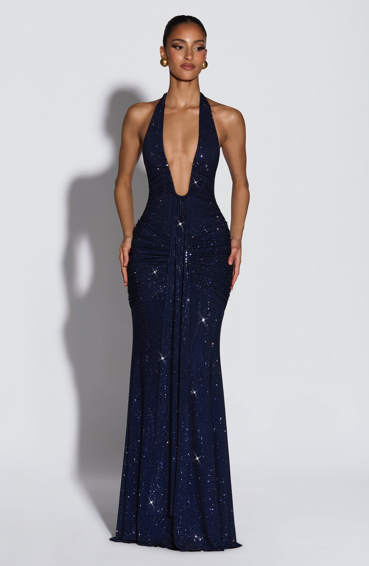L.F Women's Dress Rosetta Plunge Flare Navy Sparkle Sequin Mesh Formal Evening