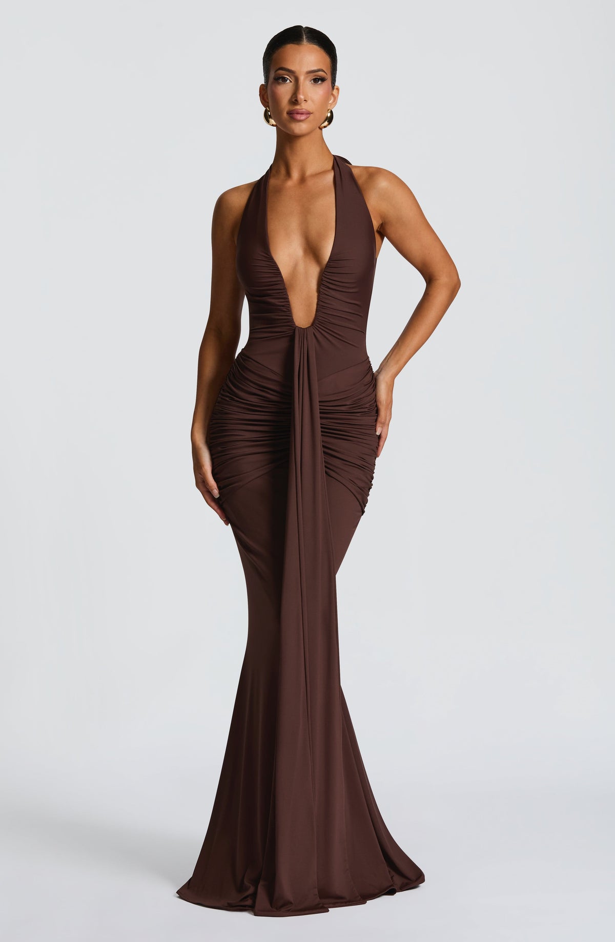 DIA Women's Dress Plunge Halter Plum Brown Slinky Jersey Formal