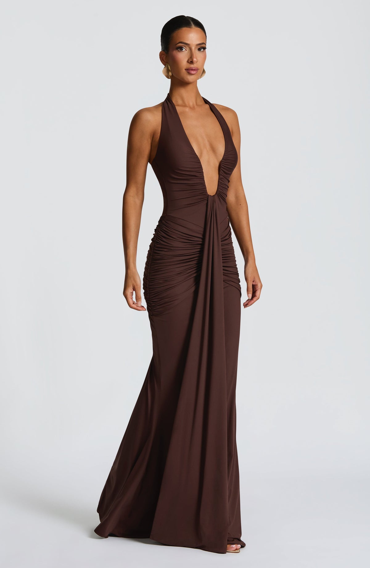 DIA Women's Dress Plunge Halter Plum Brown Slinky Jersey Formal