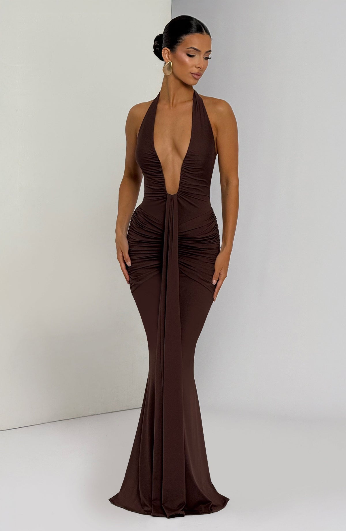 DIA Women's Dress Plunge Halter Plum Brown Slinky Jersey Formal