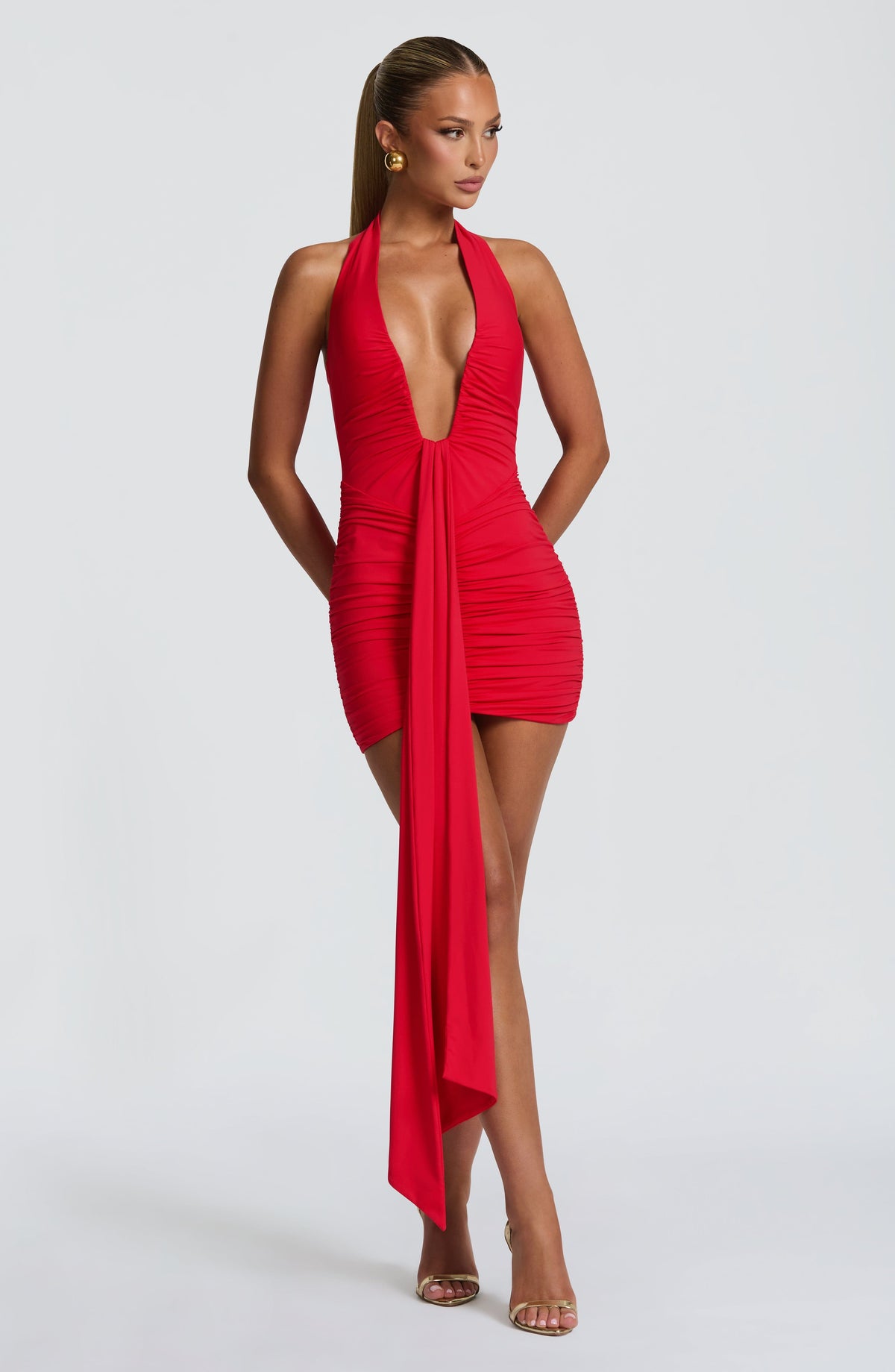 DIA Women's Dress Plunge Neck Ruched Red Slinky Jersey Party