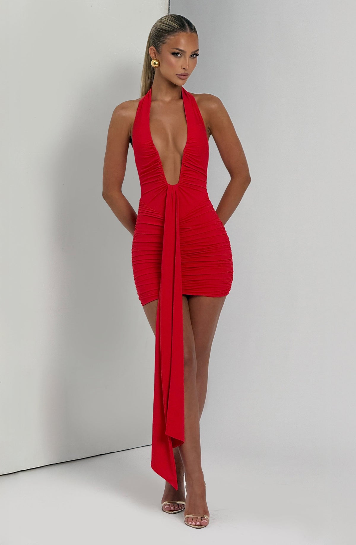 DIA Women's Dress Plunge Neck Ruched Red Slinky Jersey Party