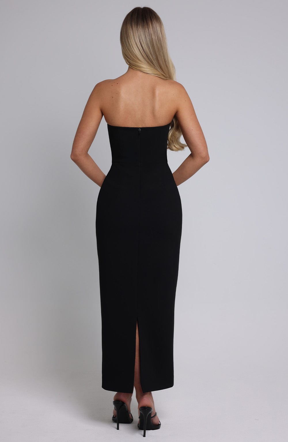 R.F Women's Dress Midaxi Strapless Black Crepe Evening Formal