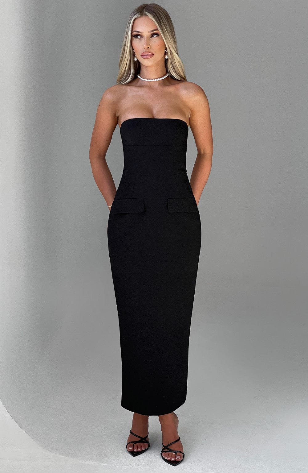 R.F Women's Dress Midaxi Strapless Black Crepe Evening Formal