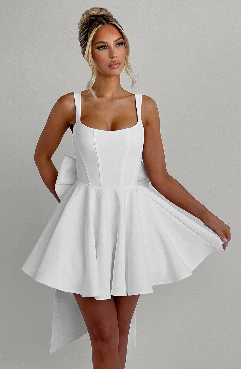 M.T Women's Dress Rue Square Neck Ivory Detachable Bow Bridal Mini Party