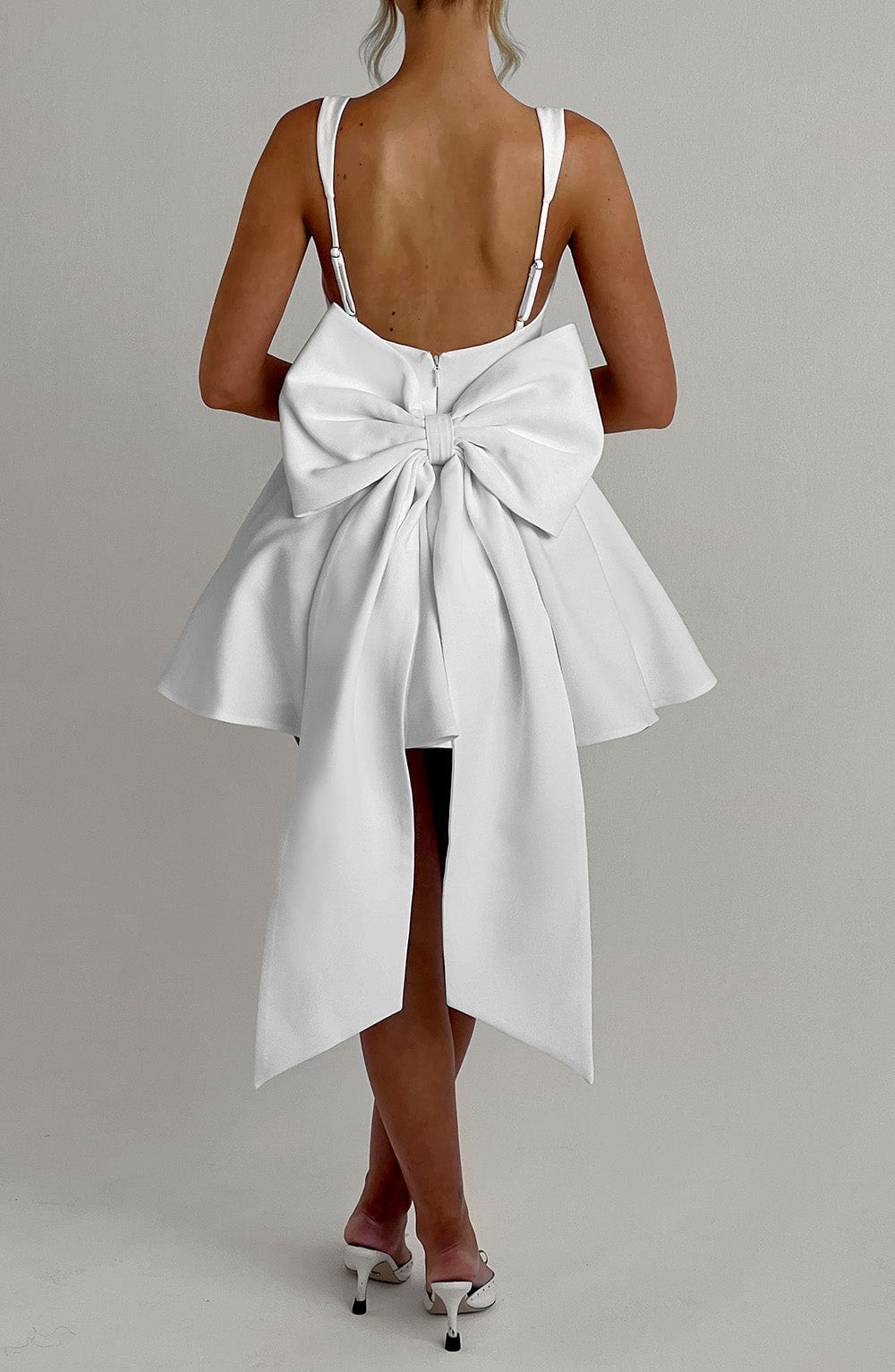 M.T Women's Dress Rue Square Neck Ivory Detachable Bow Bridal Mini Party