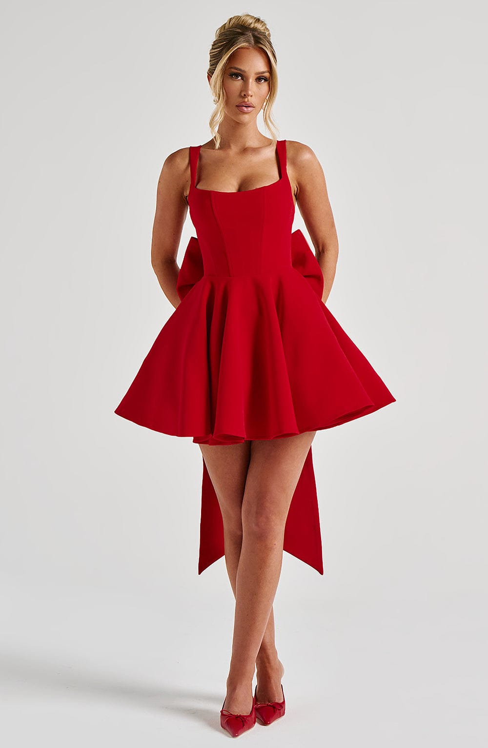 M.T Women's Dress Rue Square-Neck Red Tulle Bow Party