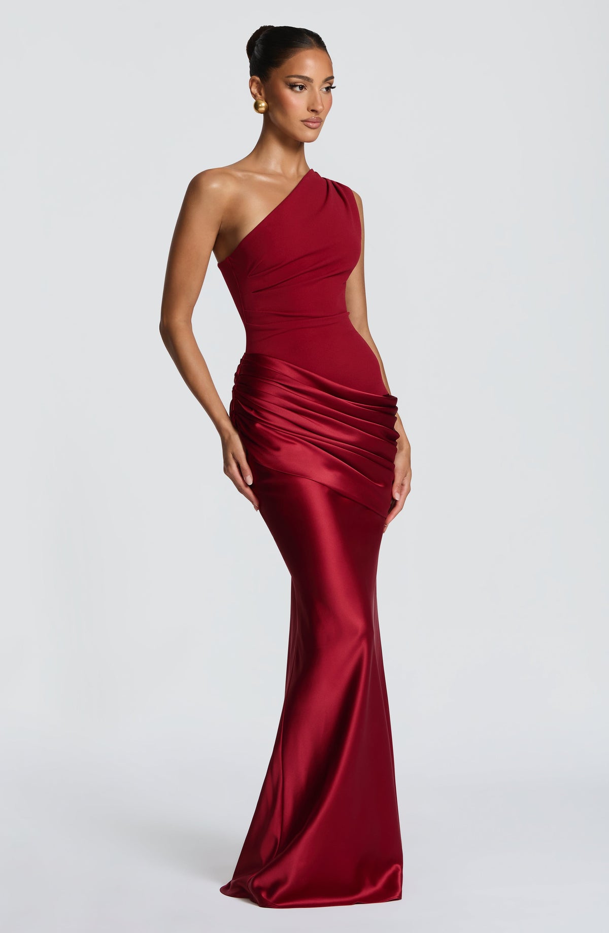 Sadona Women's Dress One-Shoulder Deep Red Satin Maxi Evening