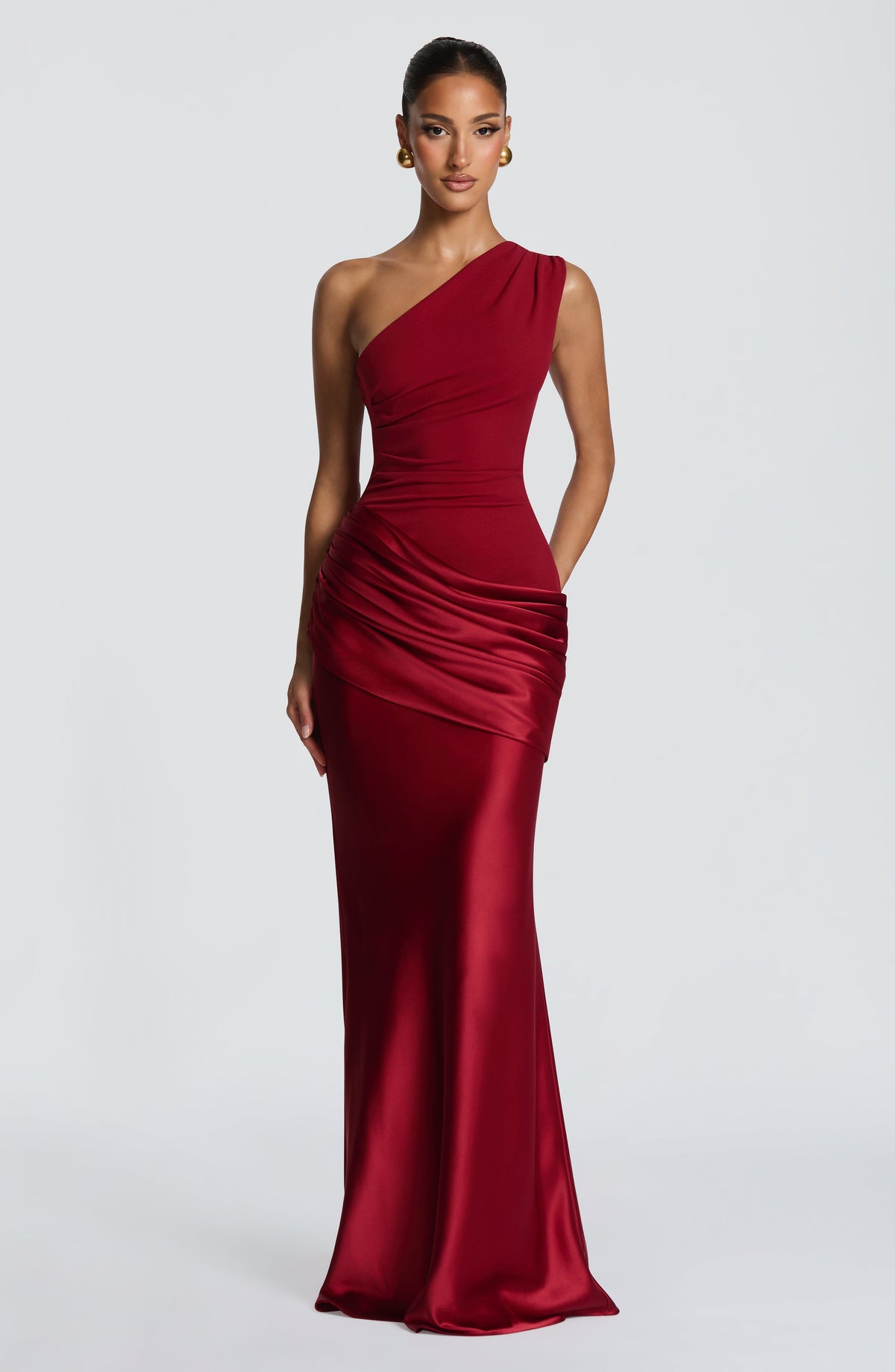 Sadona Women's Dress One-Shoulder Deep Red Satin Maxi Evening