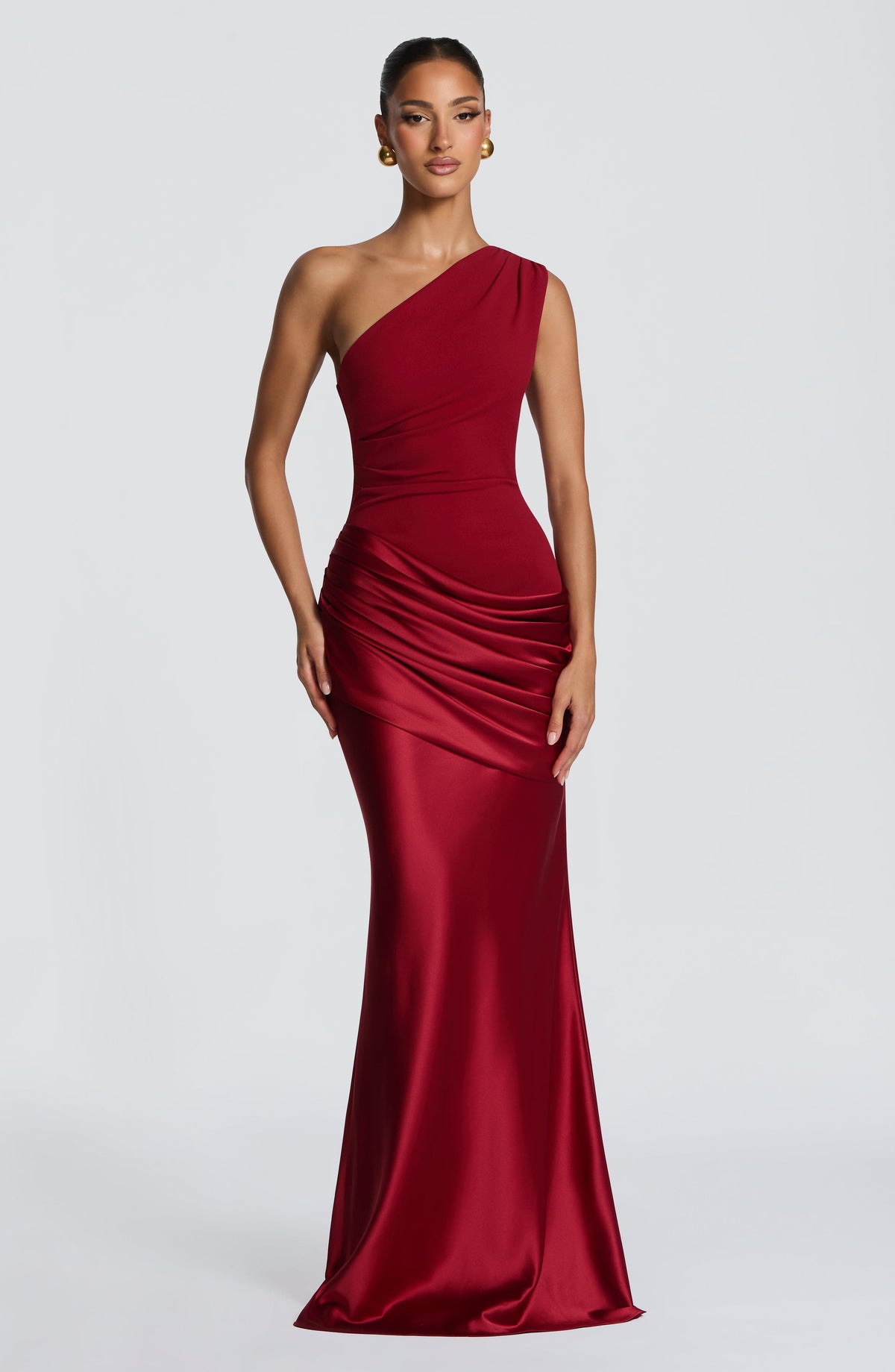 Sadona Women's Dress One-Shoulder Deep Red Satin Maxi Evening