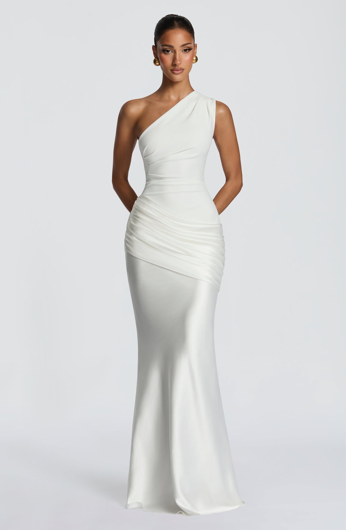 Sadona Women's Dress One-Shoulder Ivory Satin Formal