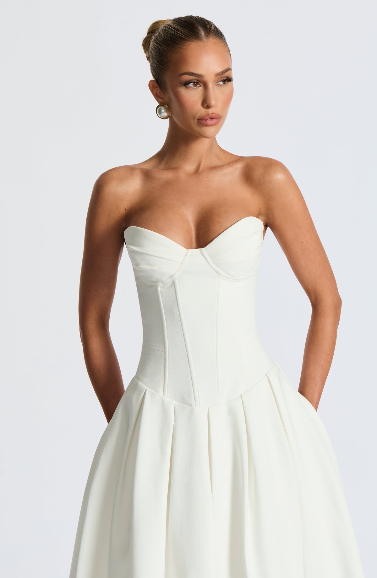 R.F Women's Dress Strapless Midi Ivory Stretch Bengaline Formal