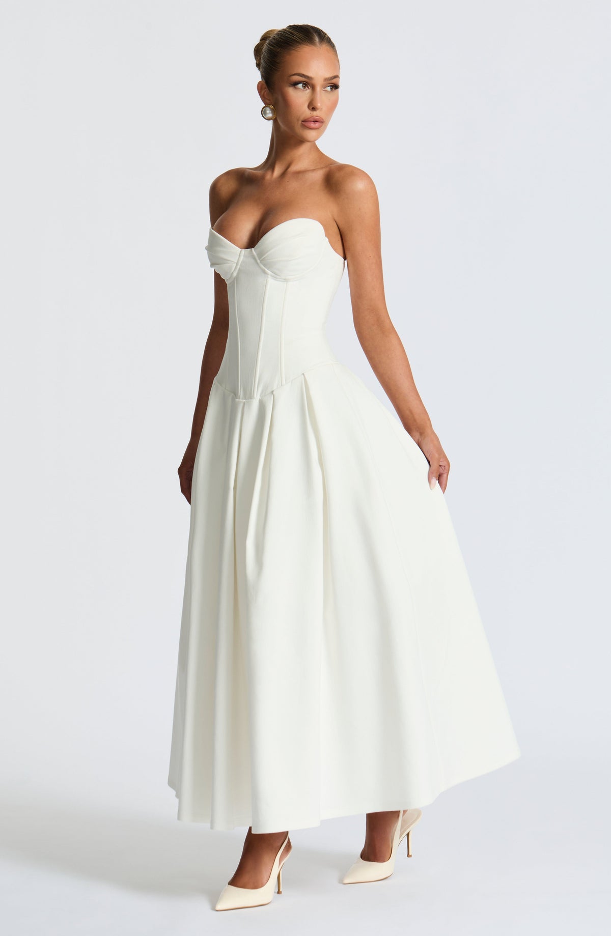 R.F Women's Dress Strapless Midi Ivory Stretch Bengaline Formal