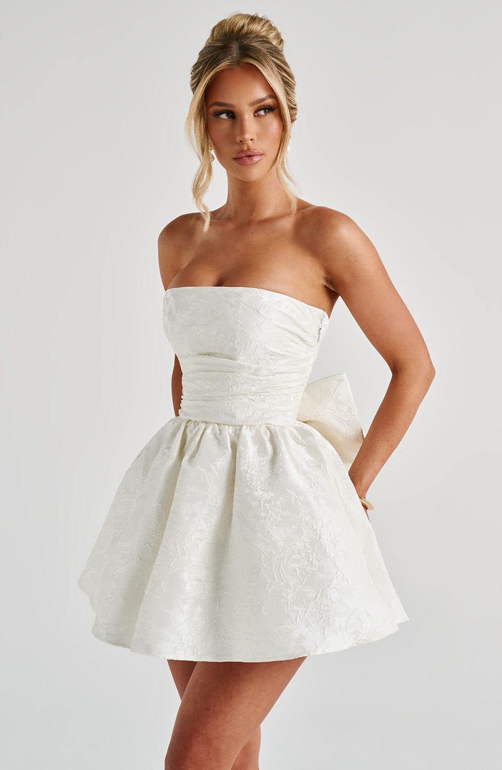 K.Y Women's Dress Salome Mini Ivory Jacquard Bow Bridal
