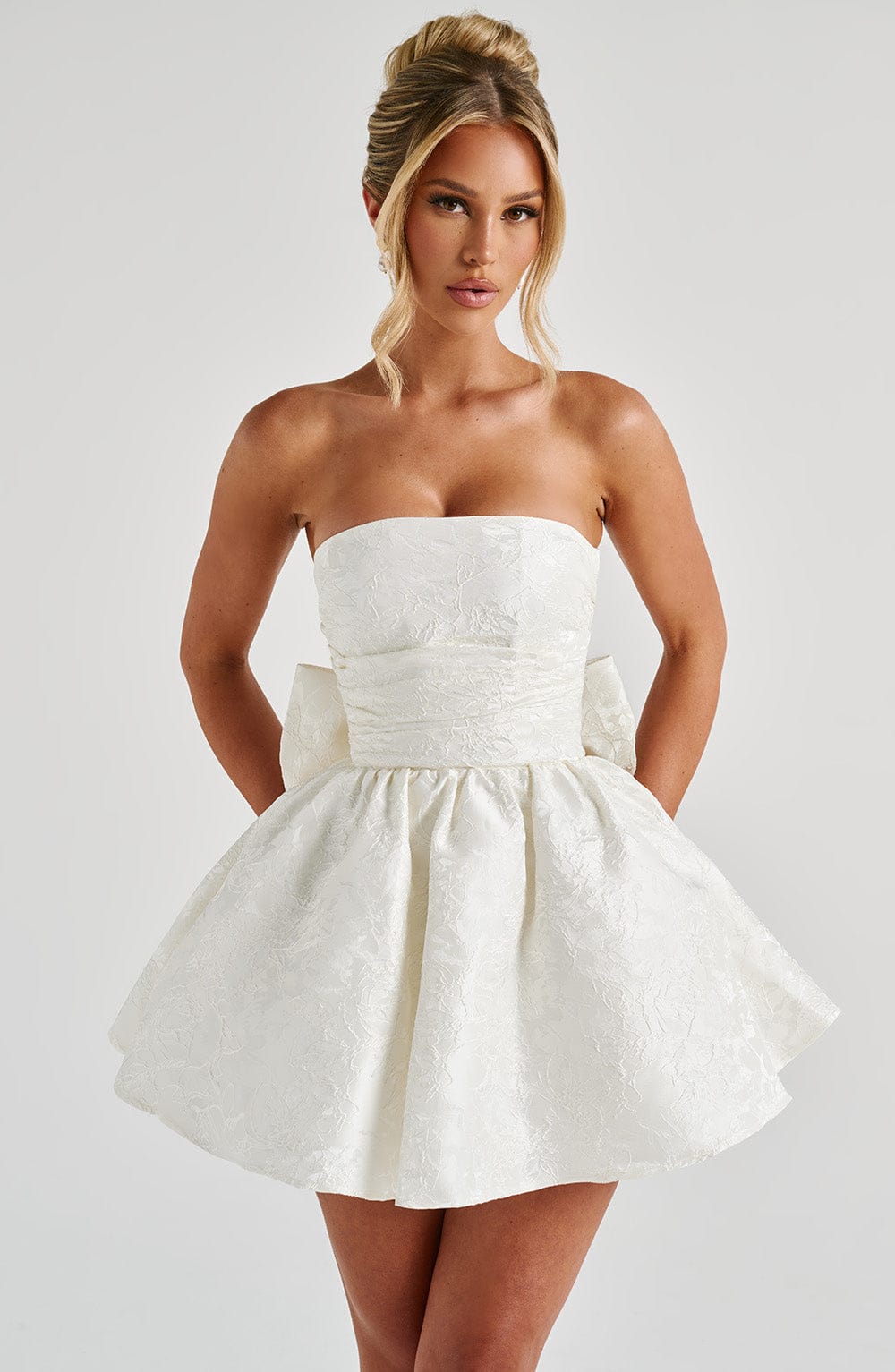 K.Y Women's Dress Salome Mini Ivory Jacquard Bow Bridal