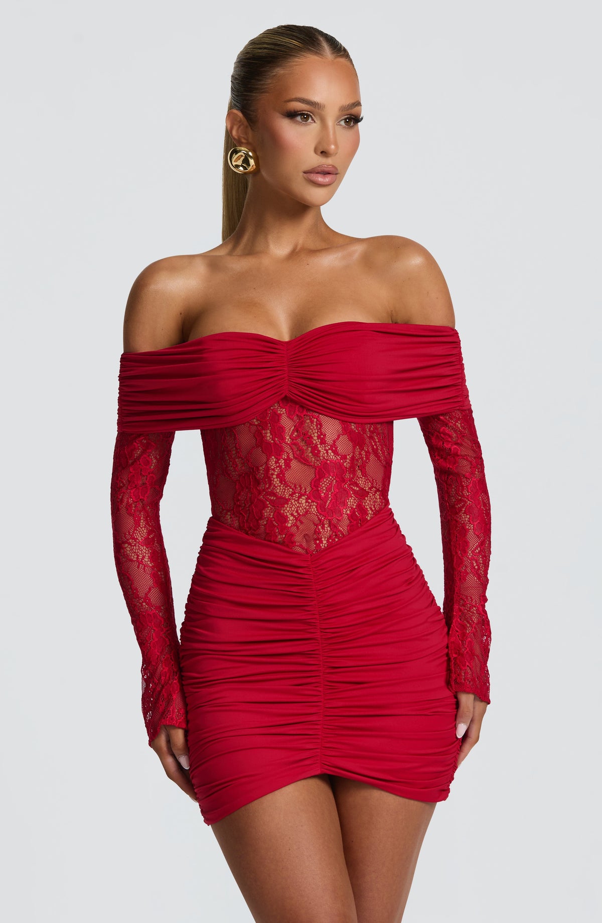 L.F Women's Dress Sauline Bardot Long-Sleeve Red Lace Party