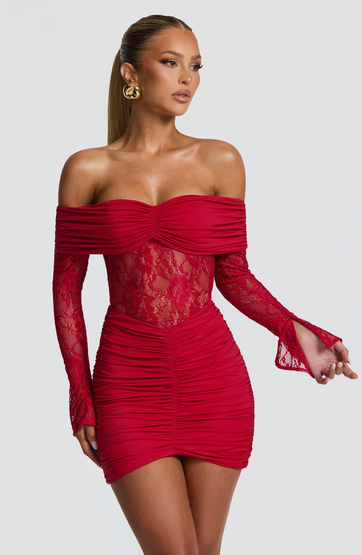 L.F Women's Dress Sauline Bardot Long-Sleeve Red Lace Party