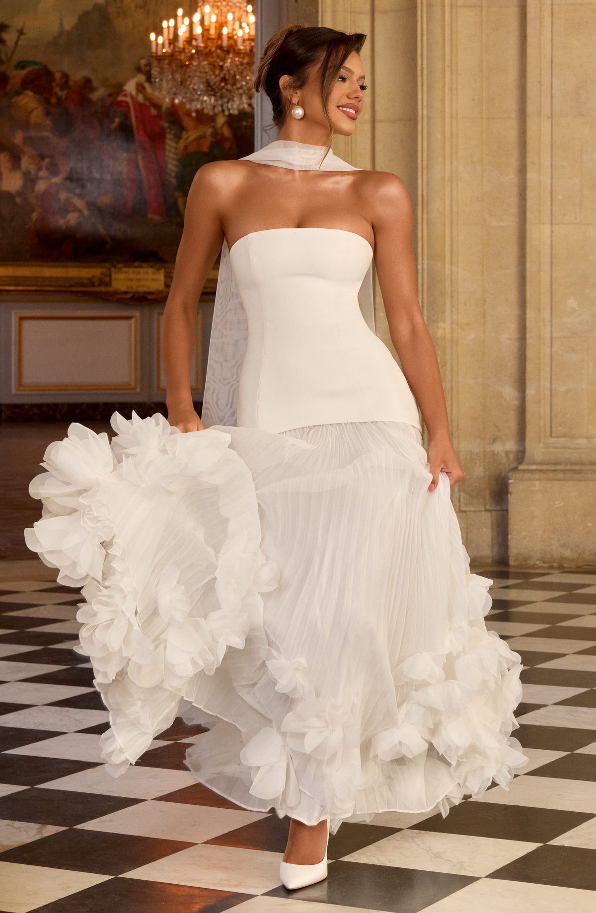 S.M Women's Dress Seraphina Corset Ivory Crepe Floral Applique Bridal