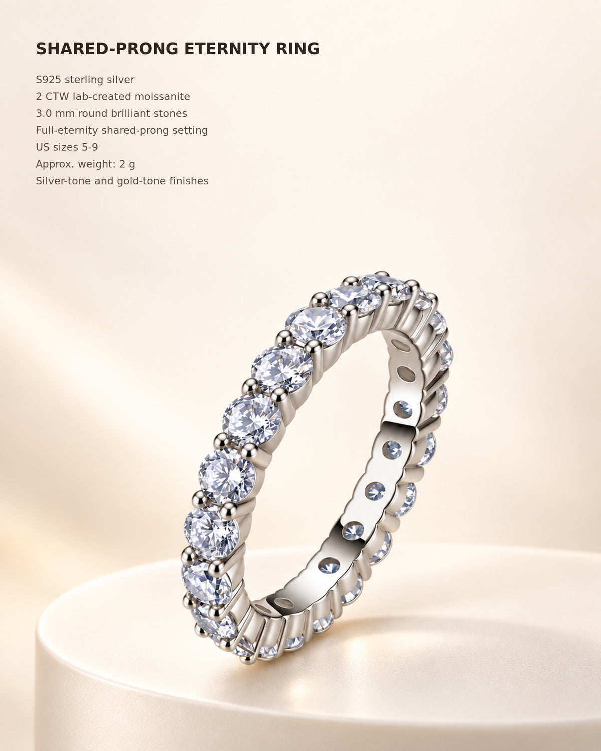 Shared-prong round moissanite eternity ring specifications