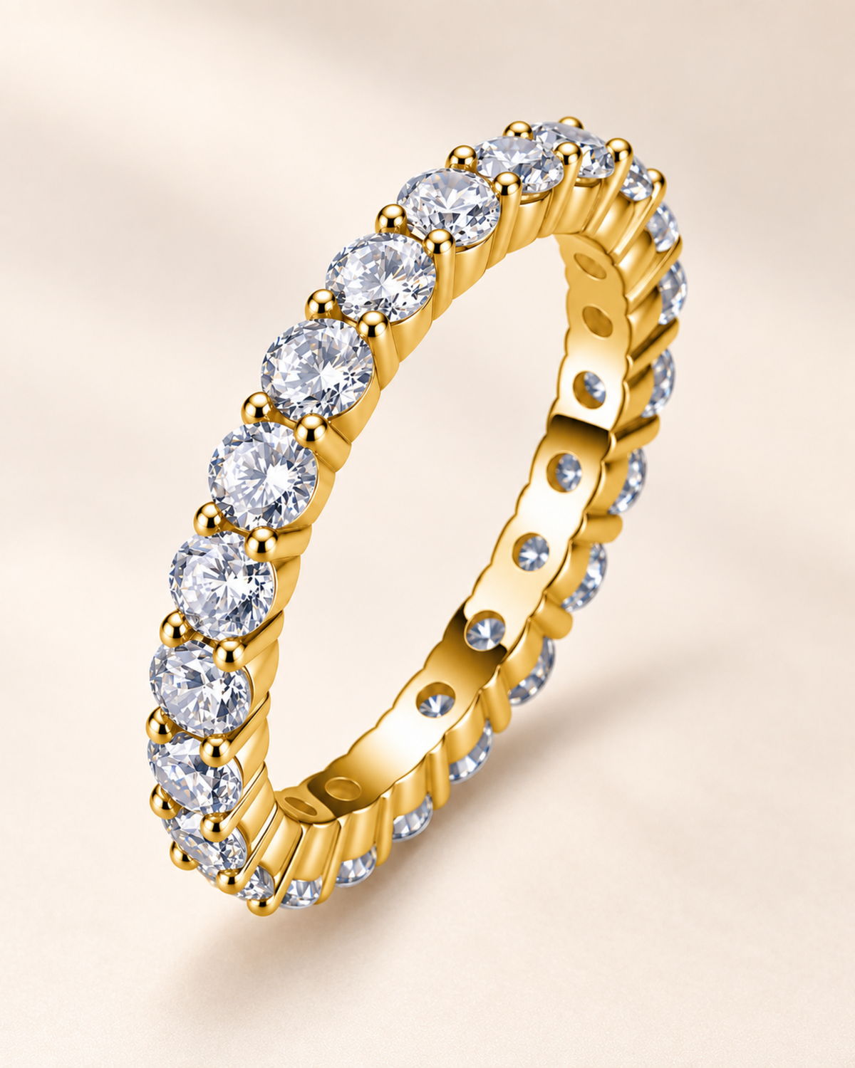 Gold-tone shared-prong round moissanite eternity ring in S925 sterling silver