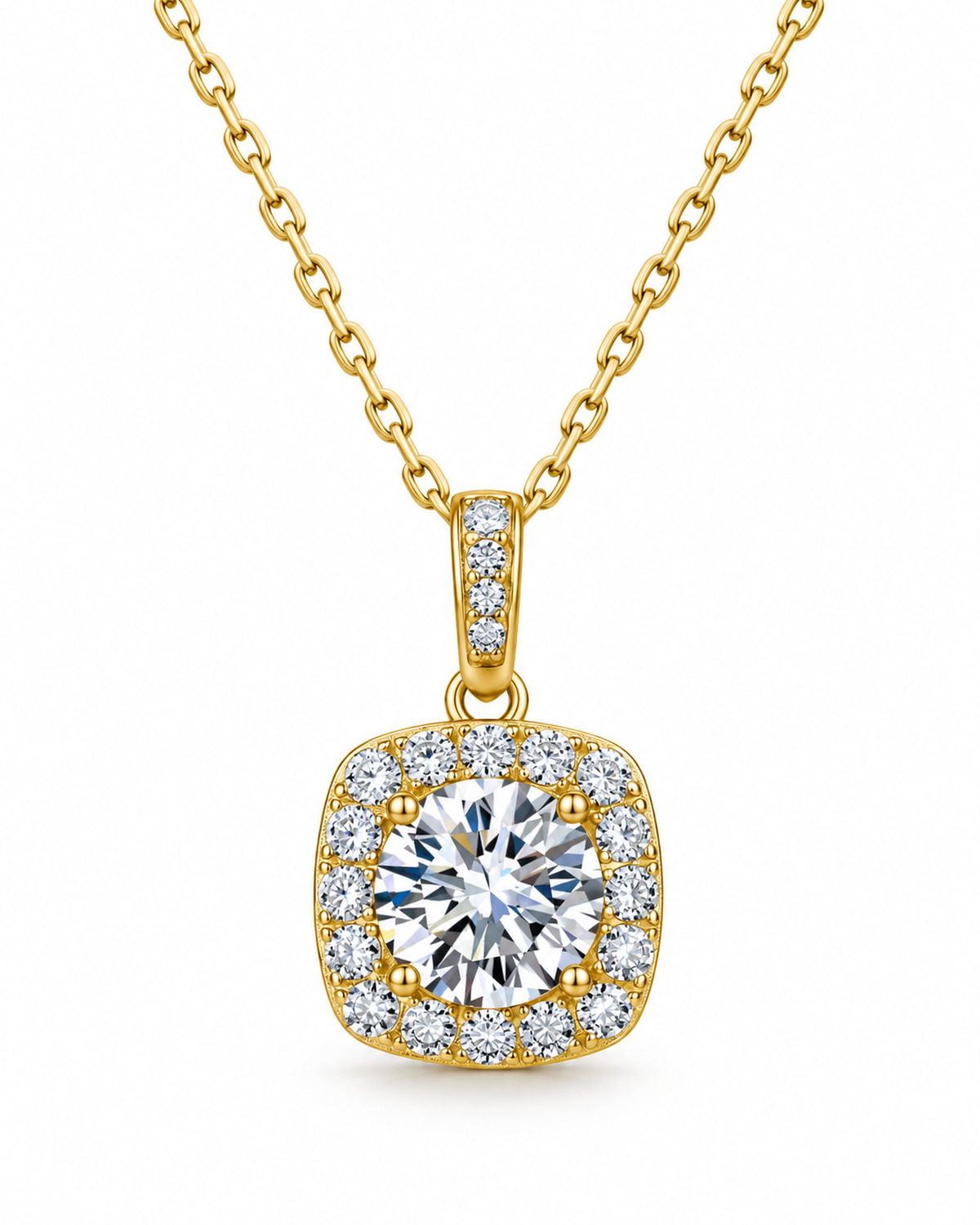 Gold-tone square halo moissanite pendant necklace