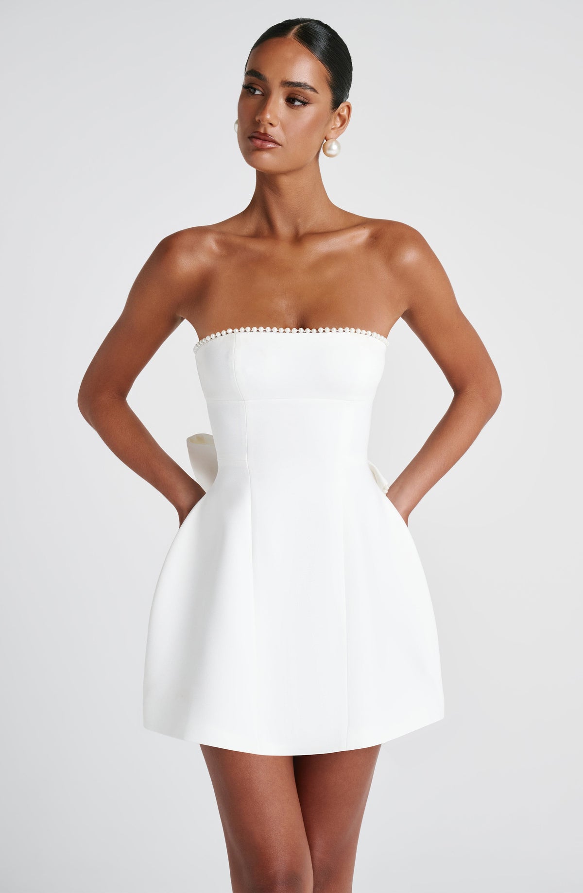 M.T Women's Dress Strapless Bubble Hem Ivory Pearl Crepe Party