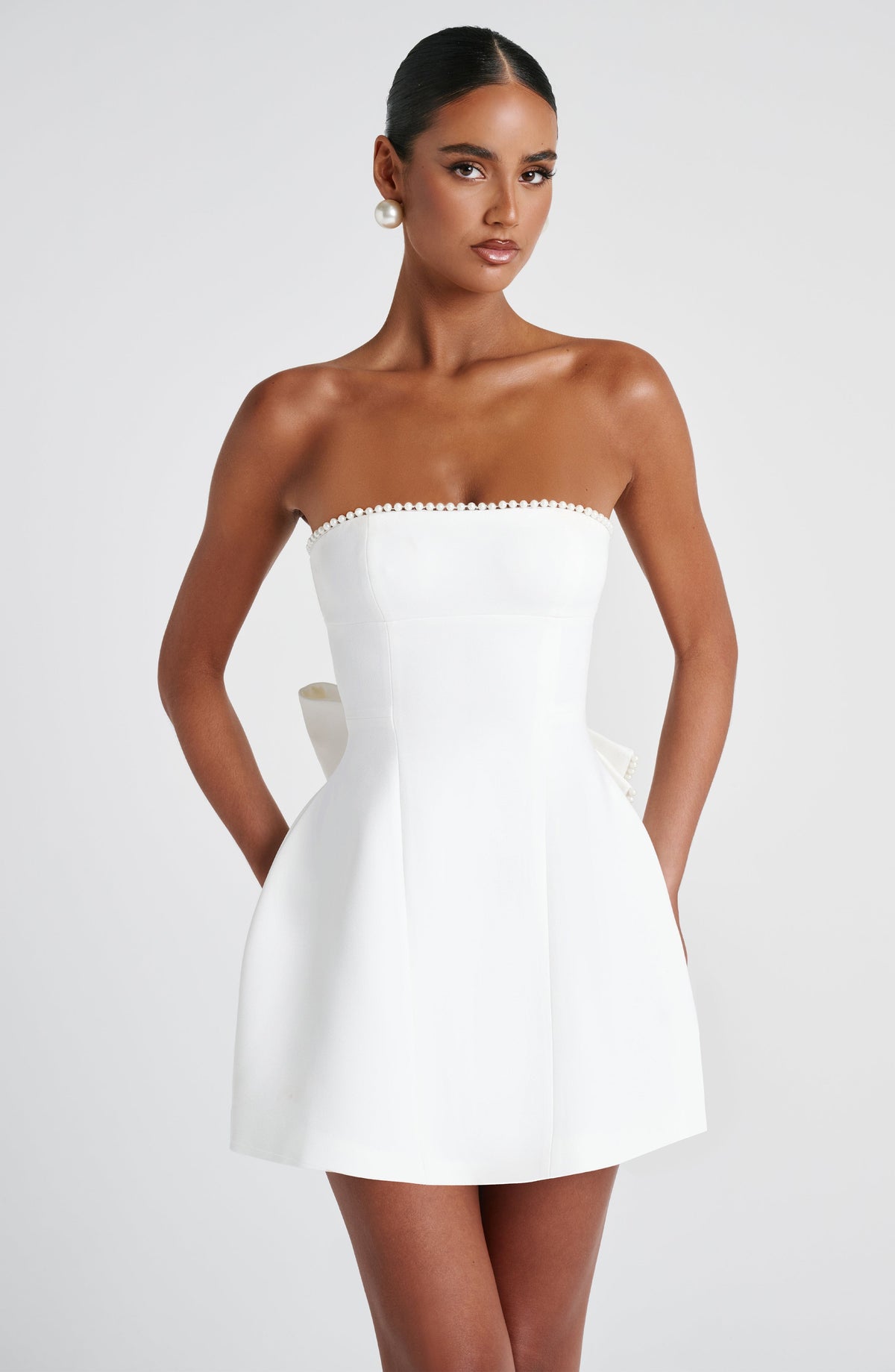 M.T Women's Dress Strapless Bubble Hem Ivory Pearl Crepe Party
