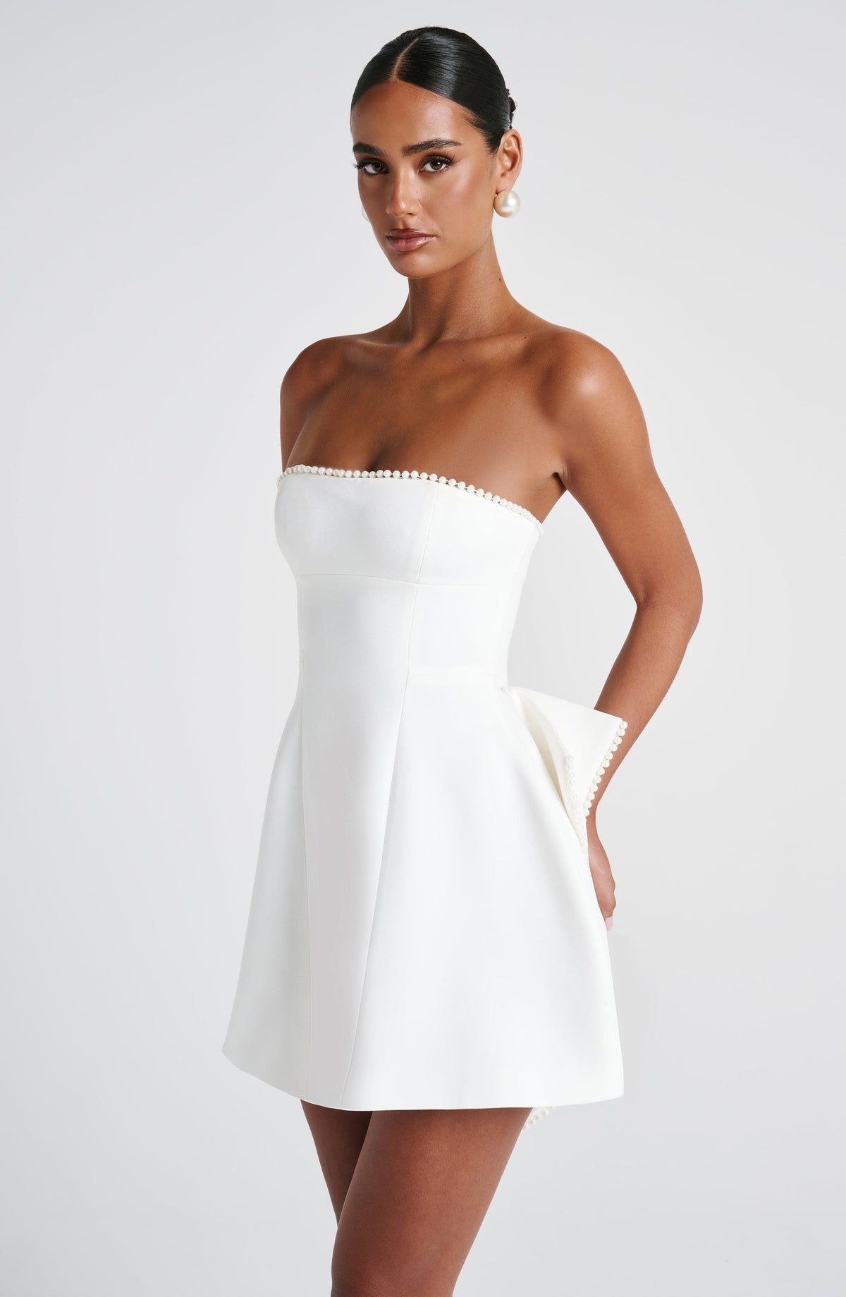 M.T Women's Dress Strapless Bubble Hem Ivory Pearl Crepe Party