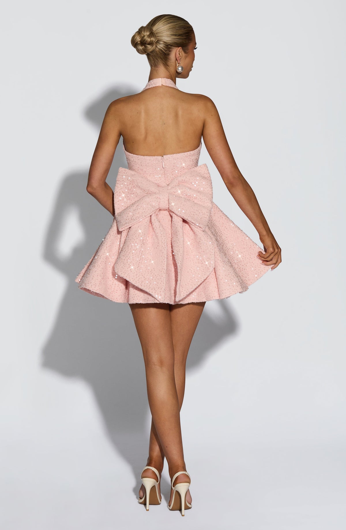 M.T Women's Dress Bow Halter Mini Blush Sequin Tweed Party