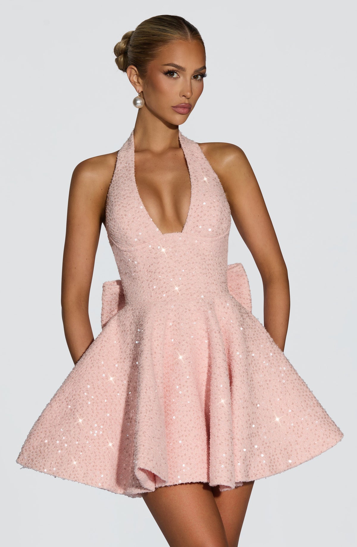 M.T Women's Dress Bow Halter Mini Blush Sequin Tweed Party