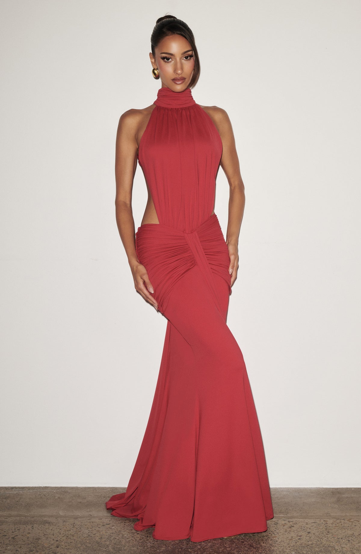 DIA Women's Dress Maxi Ruched Red Jersey Evening