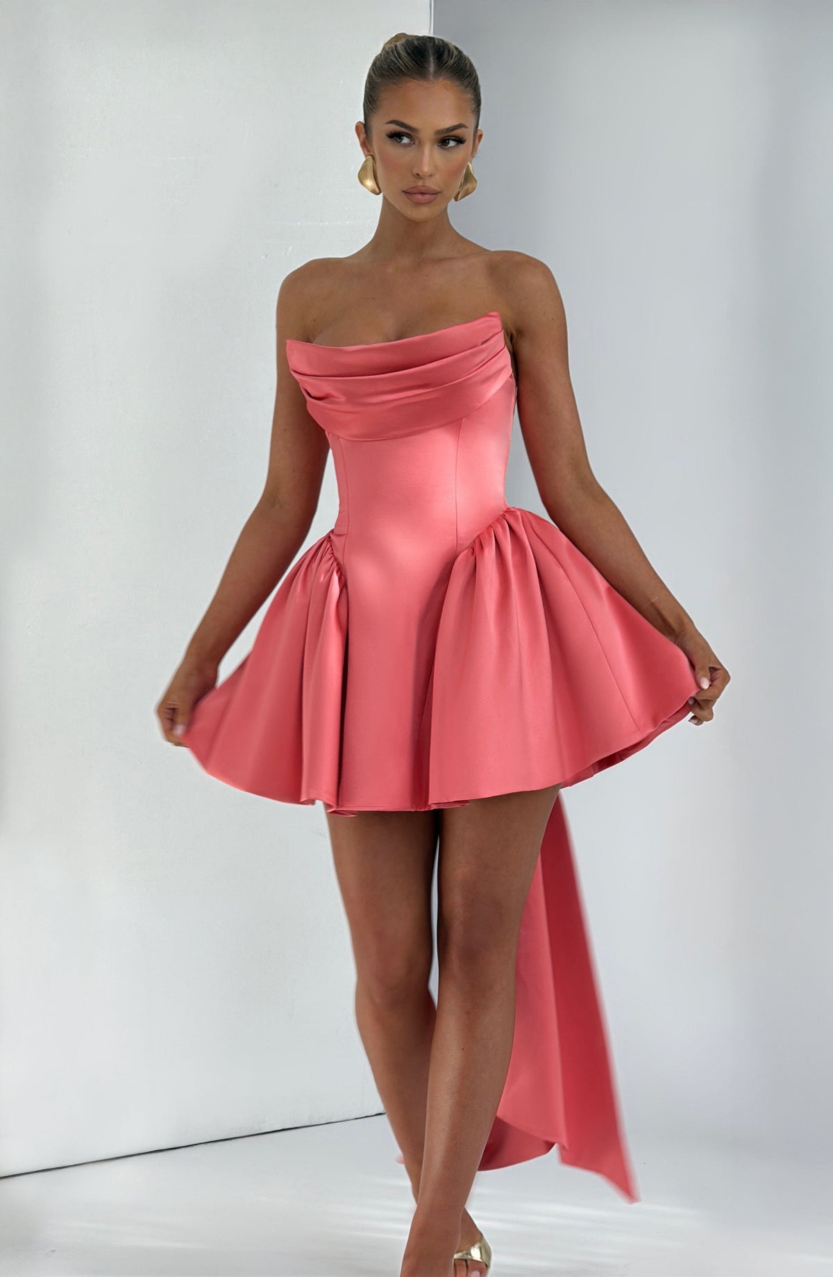 R.F Women's Dress Trinity Mini Coral Pink Stretch Satin Cocktail Party