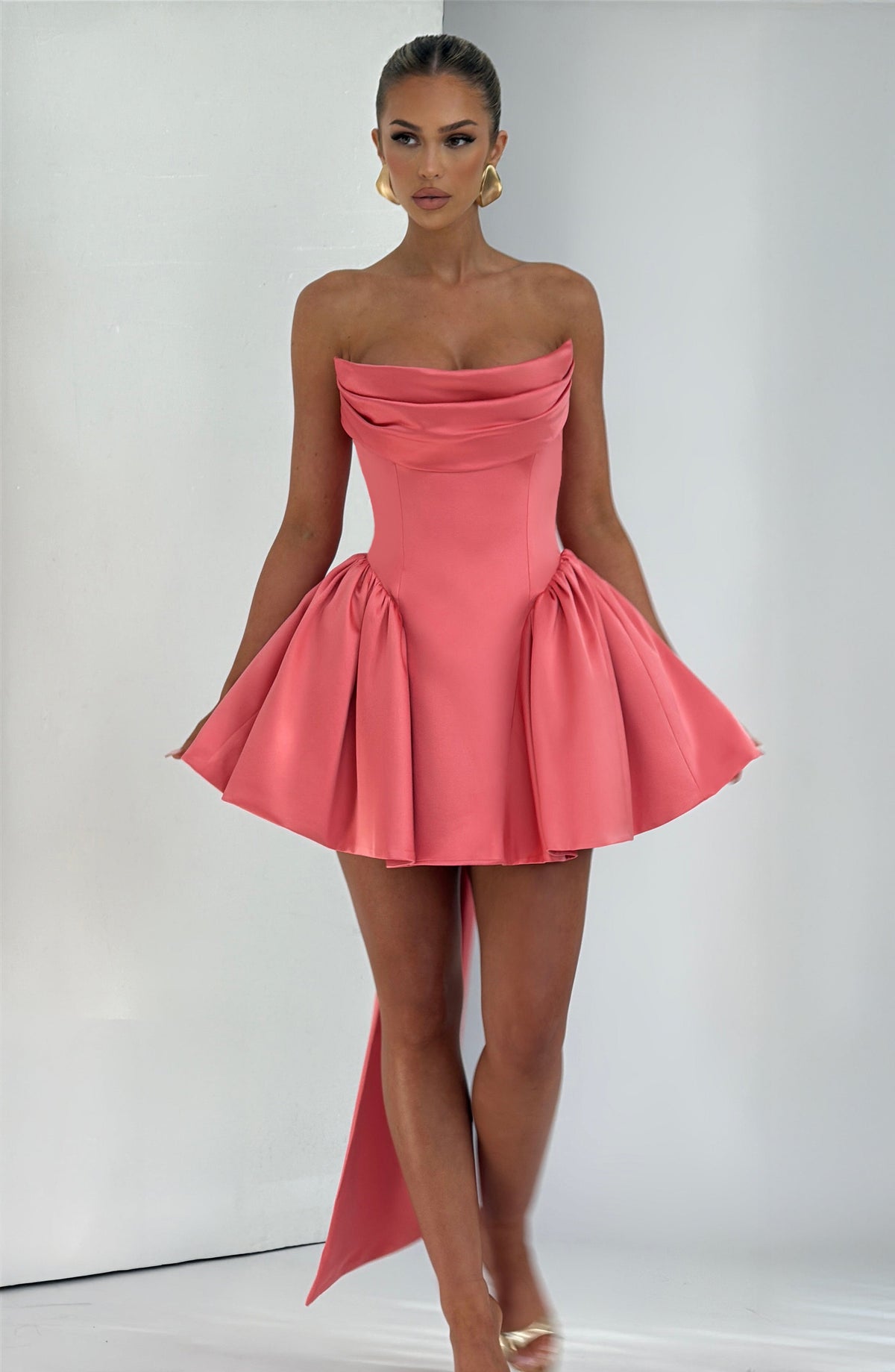R.F Women's Dress Trinity Mini Coral Pink Stretch Satin Cocktail Party