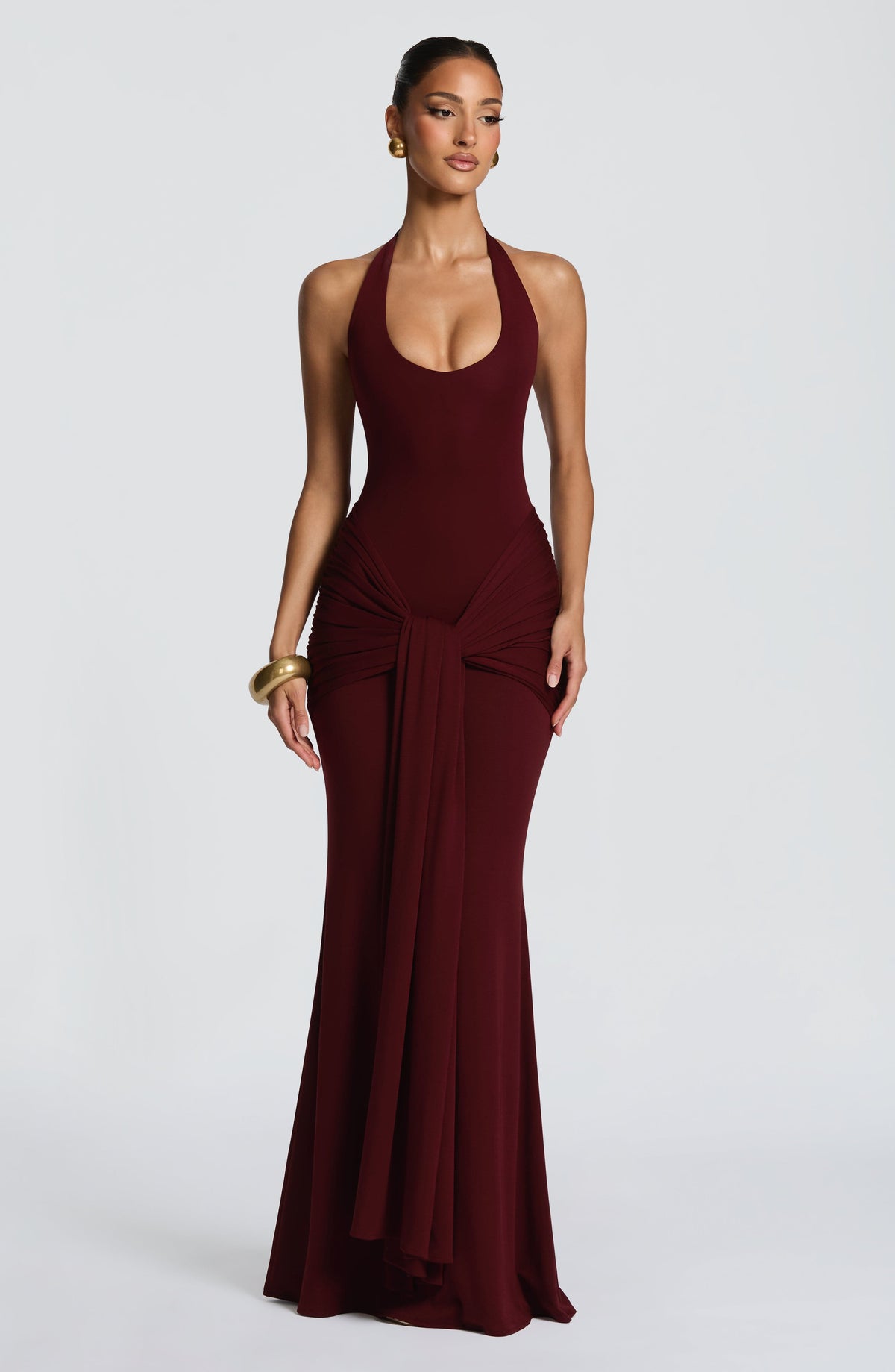 L.F Women's Dress Maxi Ruched Cherry Lacquer Modal Jersey Evening