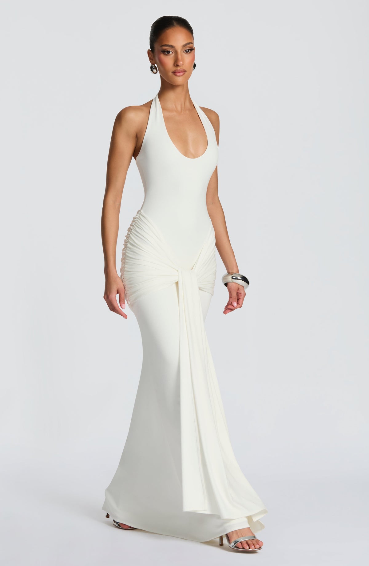 L.F Women's Dress Maxi Veneda Ivory Ruched Modal Jersey Evening