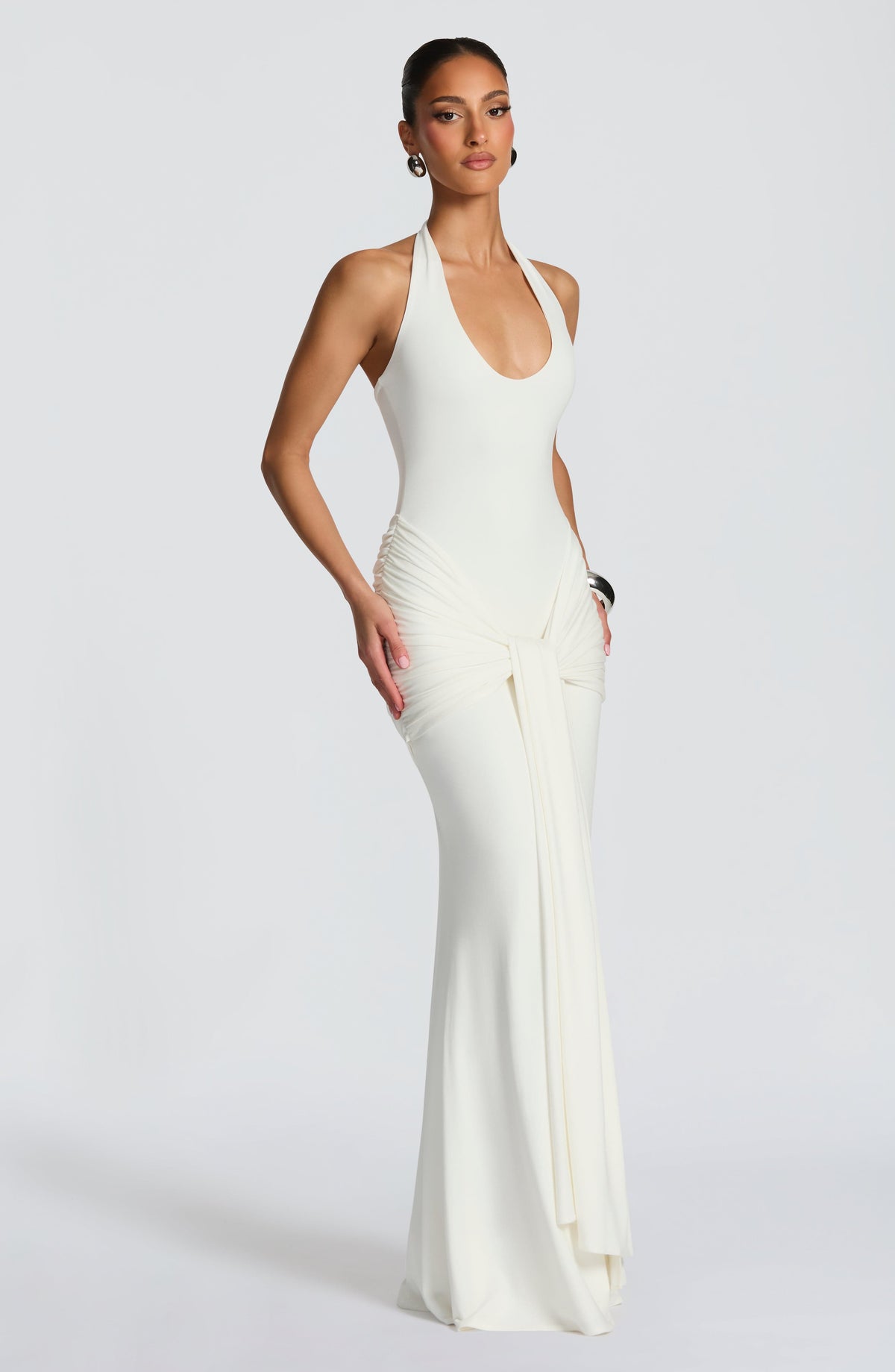 L.F Women's Dress Maxi Veneda Ivory Ruched Modal Jersey Evening