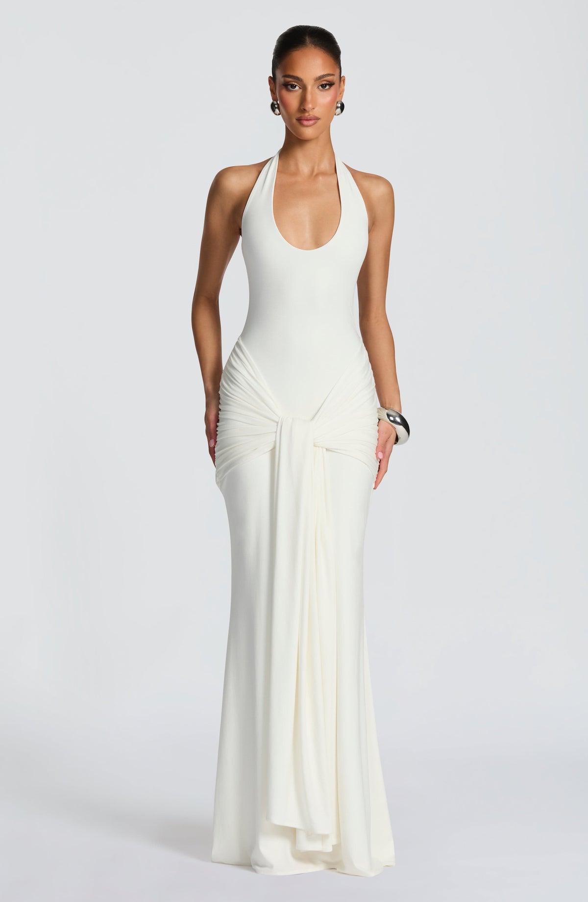 L.F Women's Dress Maxi Veneda Ivory Ruched Modal Jersey Evening