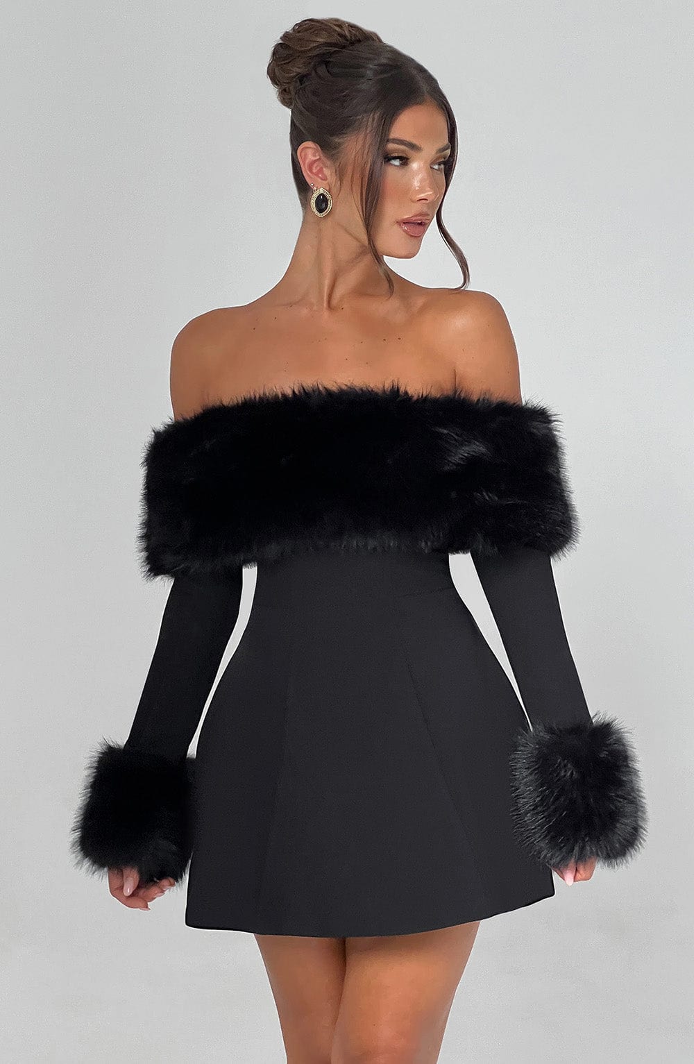 M.T Women's Dress Bardot Bubble Hem Black Faux Fur Crepe Party