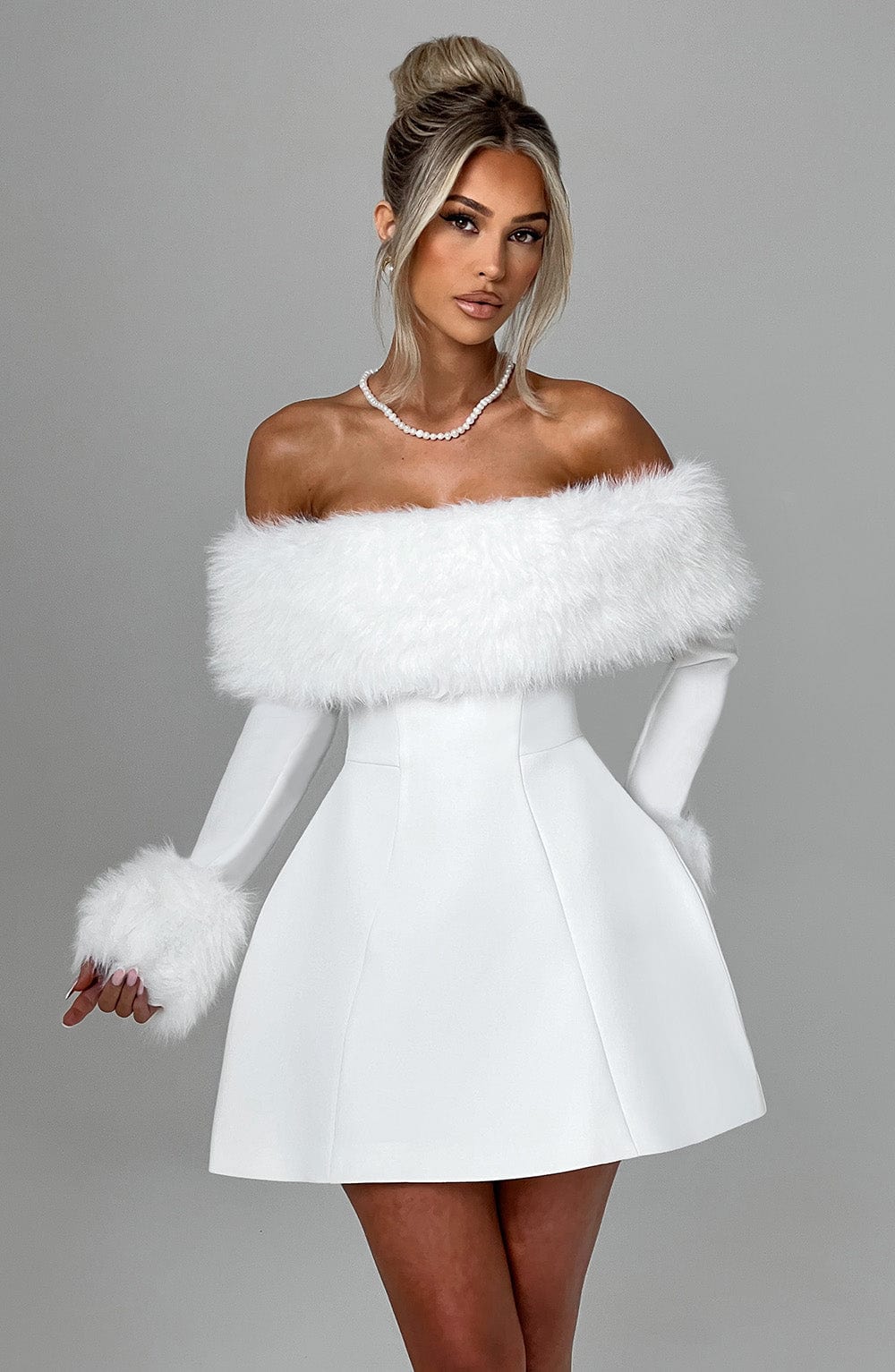 M.T Women's Dress Bardot Bubble Hem Ivory Faux Fur Party