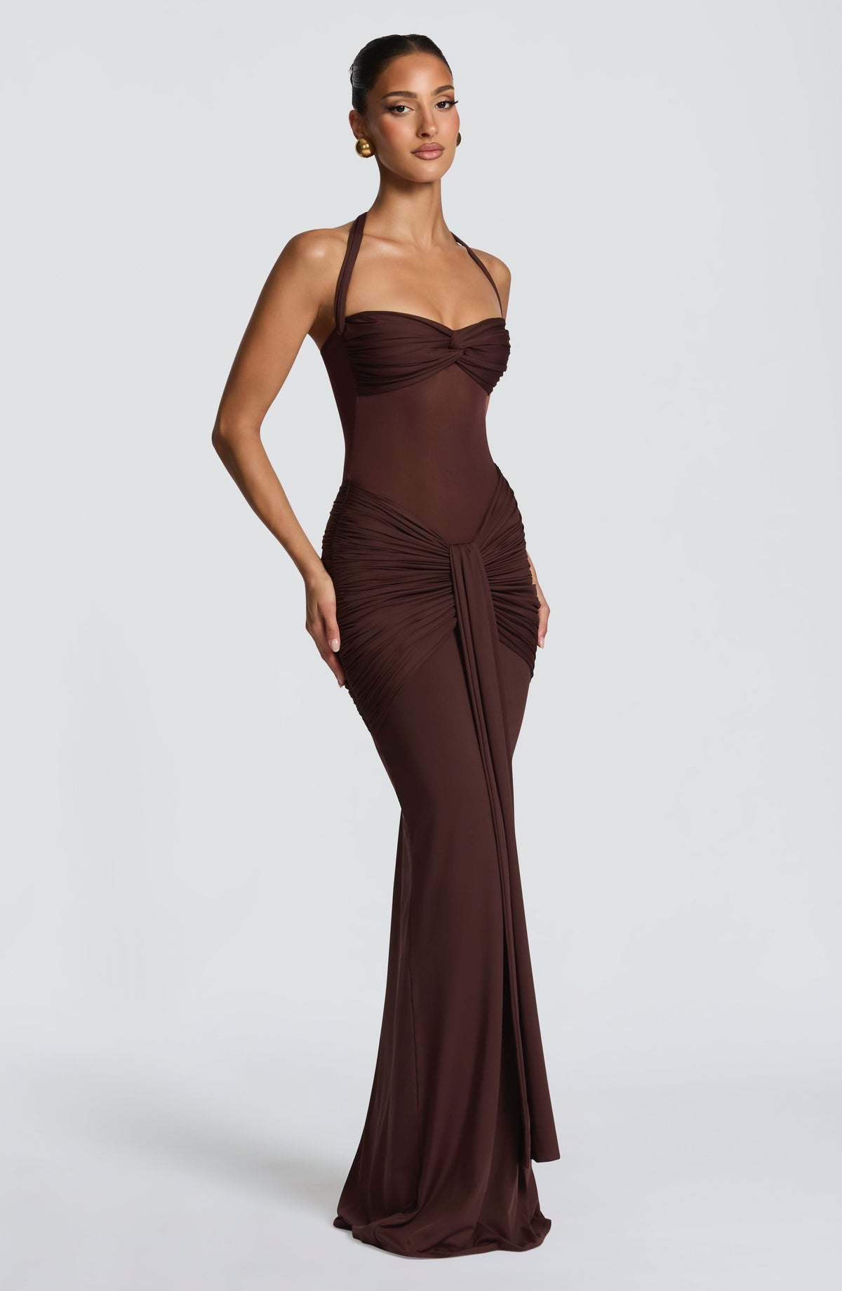 DIA Women's Dress Ruched Flare Plum Brown Mesh Formal