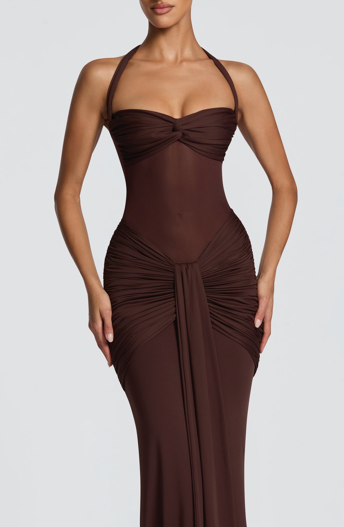 DIA Women's Dress Ruched Flare Plum Brown Mesh Formal
