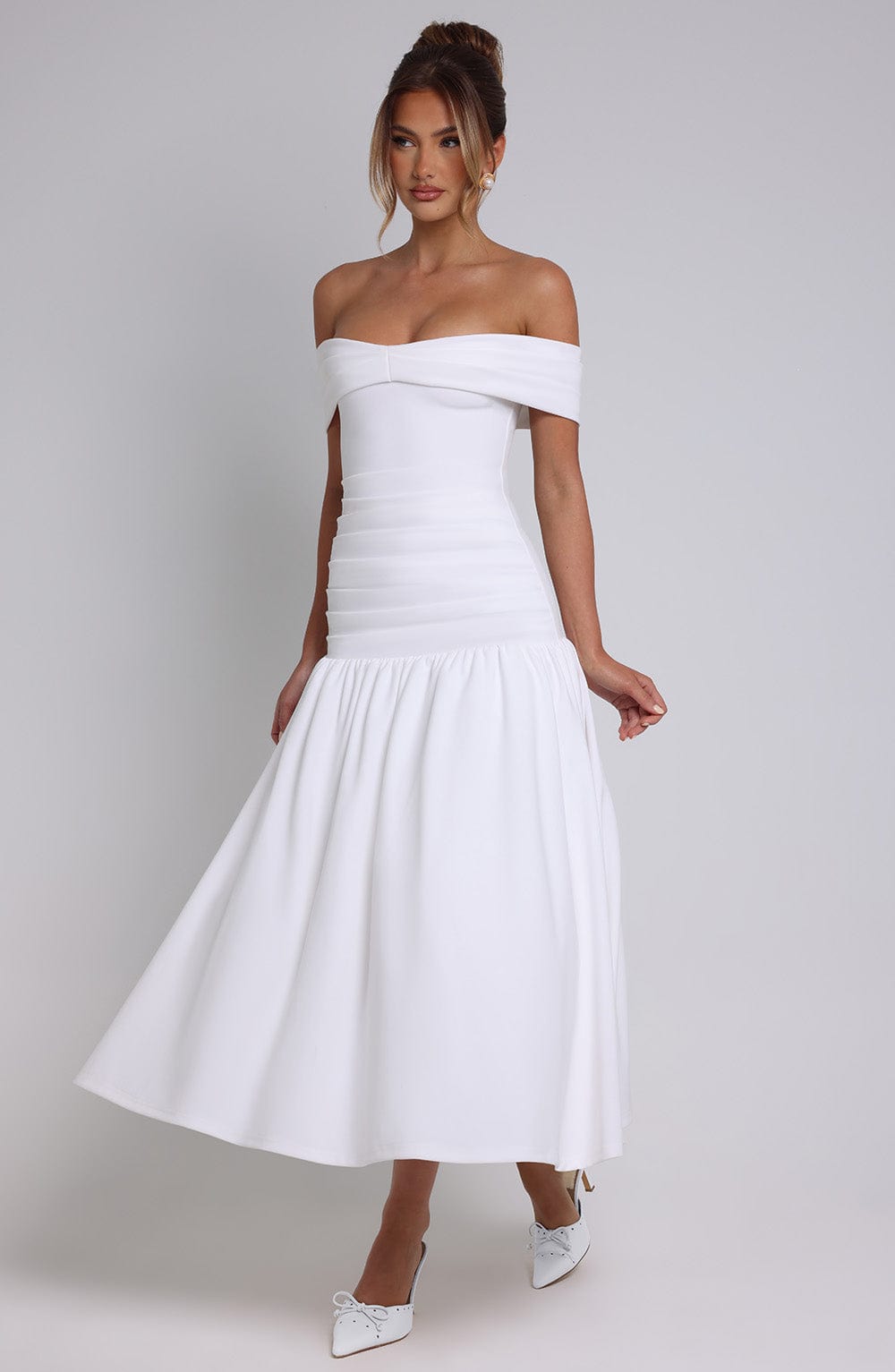 M.T Women's Dress Wilhelmina Midaxi Bardot Ivory Crepe Formal