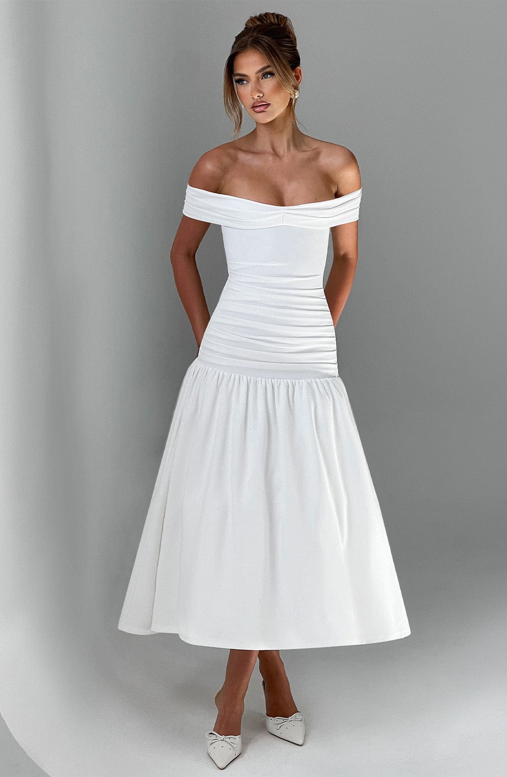 M.T Women's Dress Wilhelmina Midaxi Bardot Ivory Crepe Formal