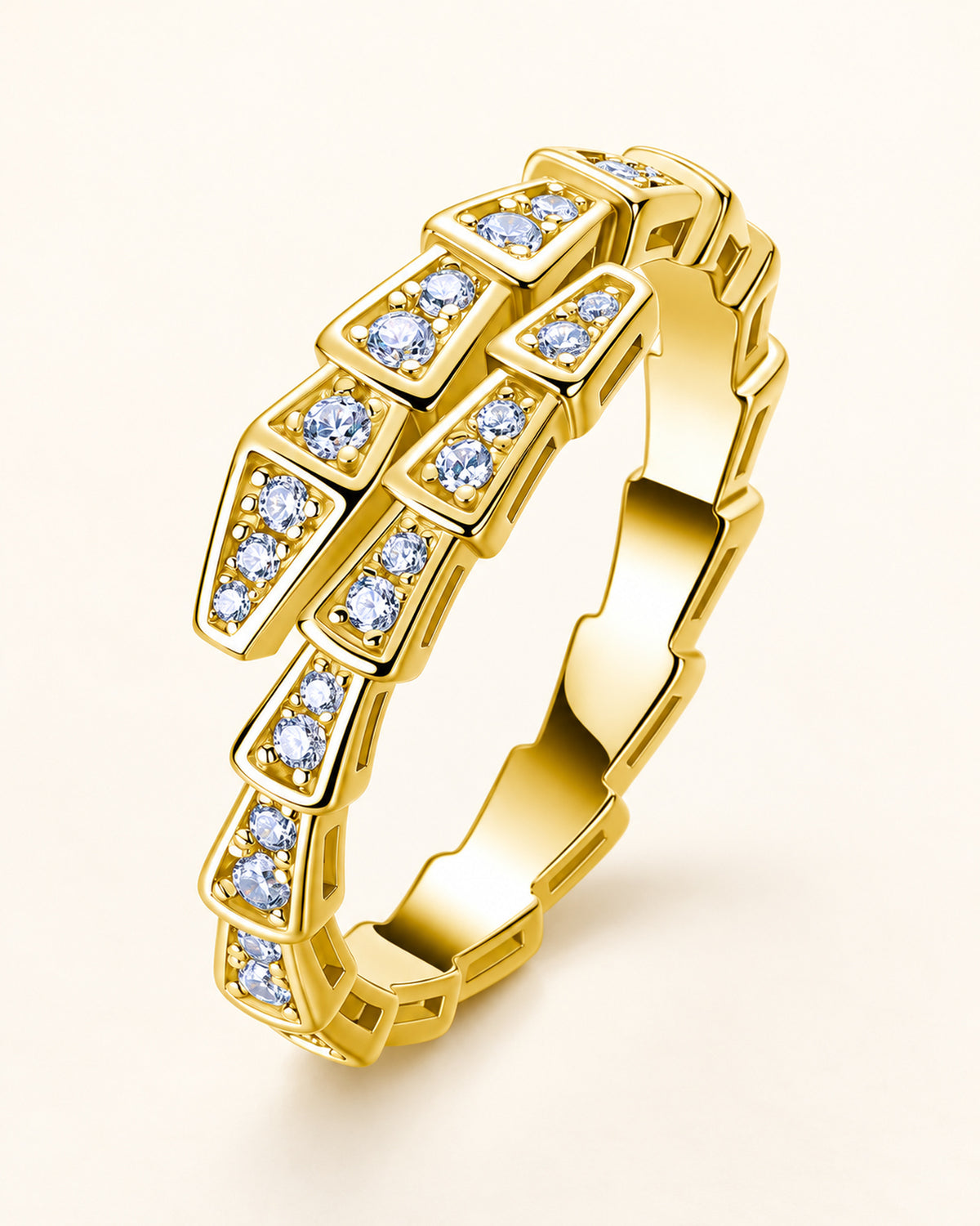 Women's moissanite snake ring in 14K gold tone, double-row front view
