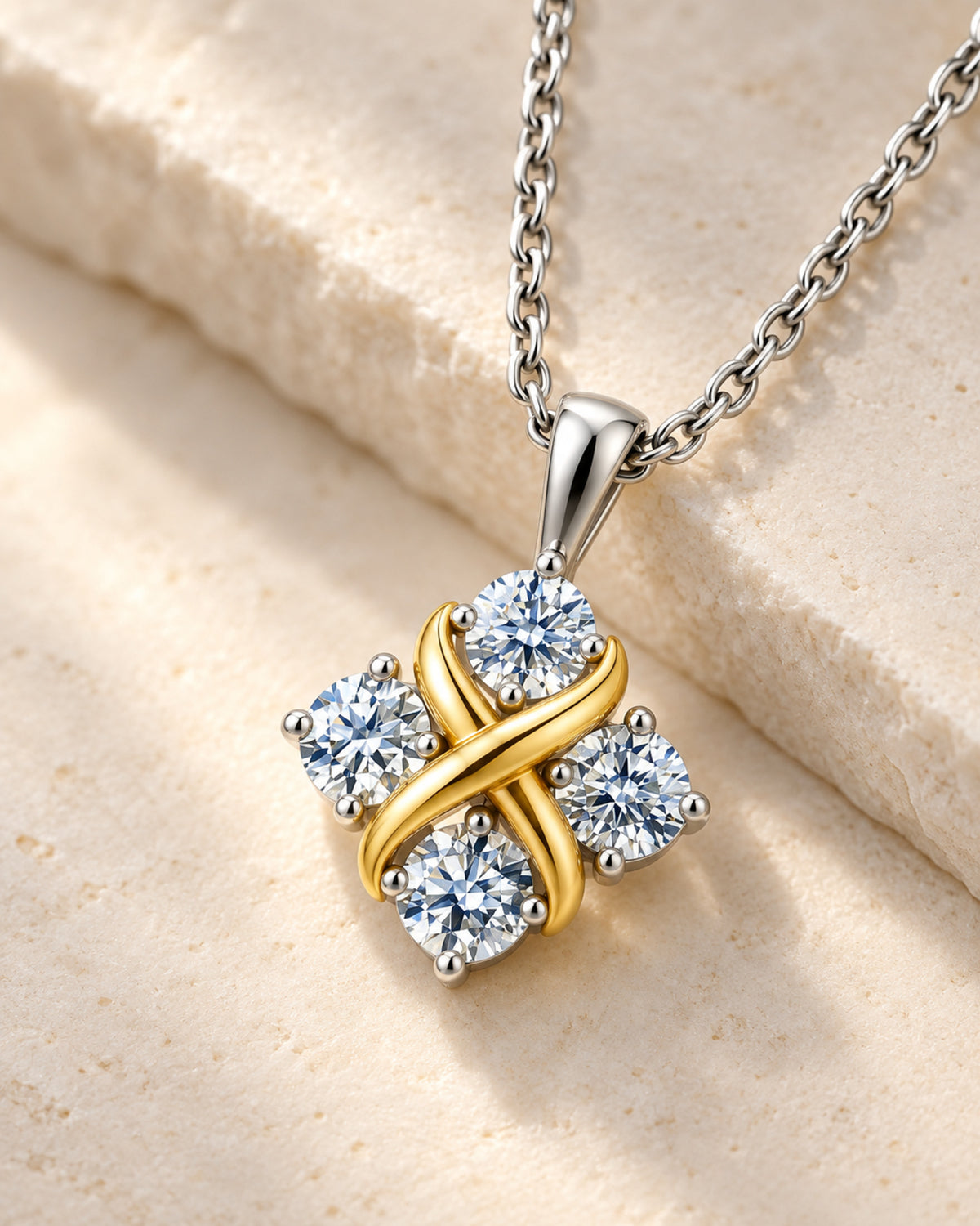 Four-stone moissanite necklace full chain and clasp flat lay